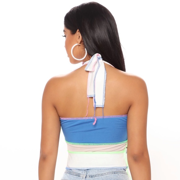 Color It In Colorblock Halter Top - Blue Green Pink Topstitching Distressed - Picture 10 of 16